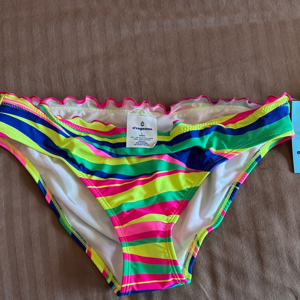 Junior Ruffle Edge Hipster Colorful Striped Bikini Bottom